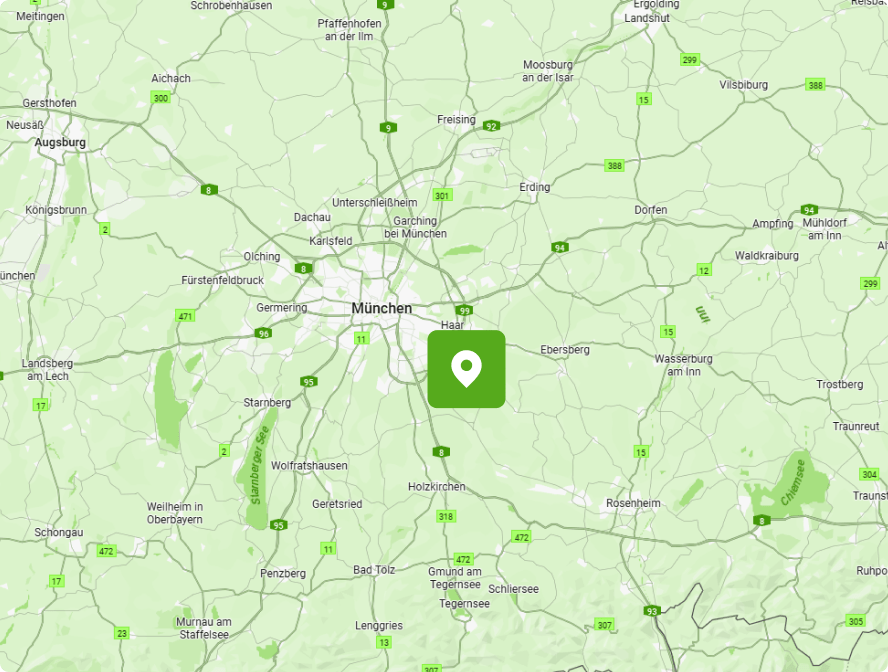 Karte des Großraums München mit grünem Standortmarker zur Darstellung des smapiot Firmenstandorts