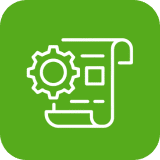 Grünes Icon mit technischem Plan und Zahnrad als Symbol für IoT-Systemplanung und technische Konzeption