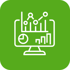 Grünes Icon mit Diagrammen und Charts als Symbol für IoT-Datenanalyse und digitale KPI-Auswertung