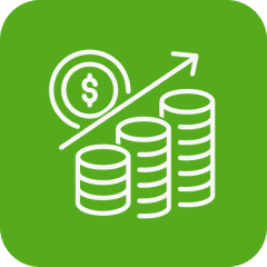 Grünes Icon mit Münzstapeln und Aufwärtspfeil als Symbol für wachsende Einnahmen durch IoT-Lösungen