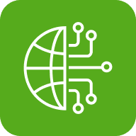 Grünes Icon mit Globus und digitalen Verbindungslinien als Symbol für weltweite IoT- und Digitalnetzwerke