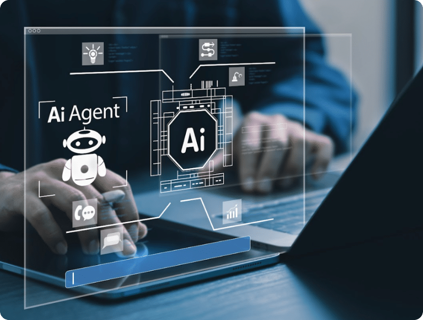 Visualisierung eines KI-Agents mit Computerchip und Nutzer am Laptop zur Prozessautomatisierung