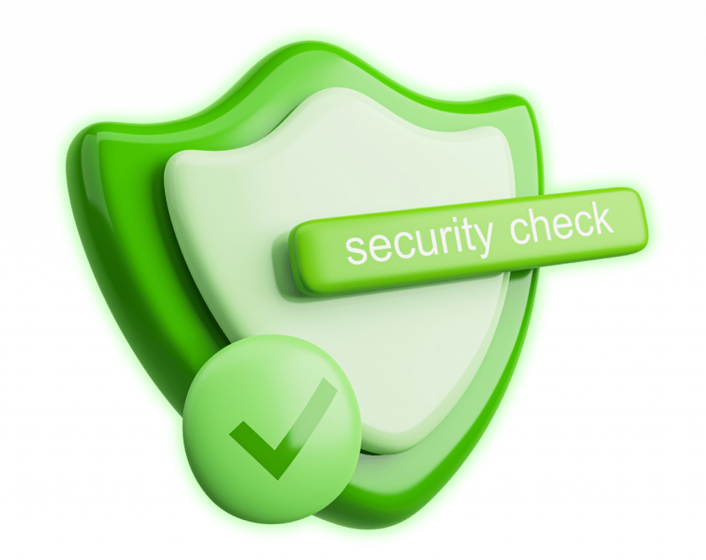 Grünes Schutzschild mit Häkchen und Schriftzug ‚Security Check‘ vor dunklem Hintergrund – Symbolbild für IoT-Security und Unternehmensschutz