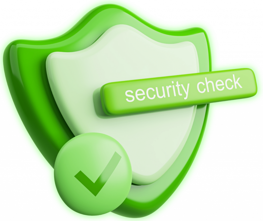 Grünes Schutzschild mit Häkchen und Schriftzug ‚Security Check‘ vor dunklem Hintergrund – Symbolbild für IoT-Security und Unternehmensschutz