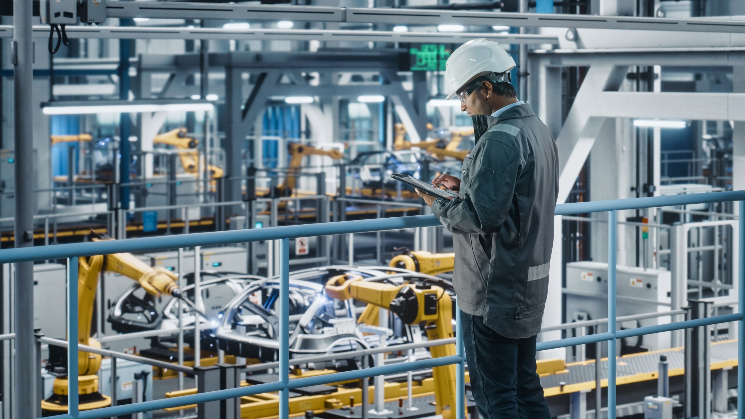 Mitarbeiter überwacht IoT‑vernetzte Roboterarme in einer modernen Industriehalle. 