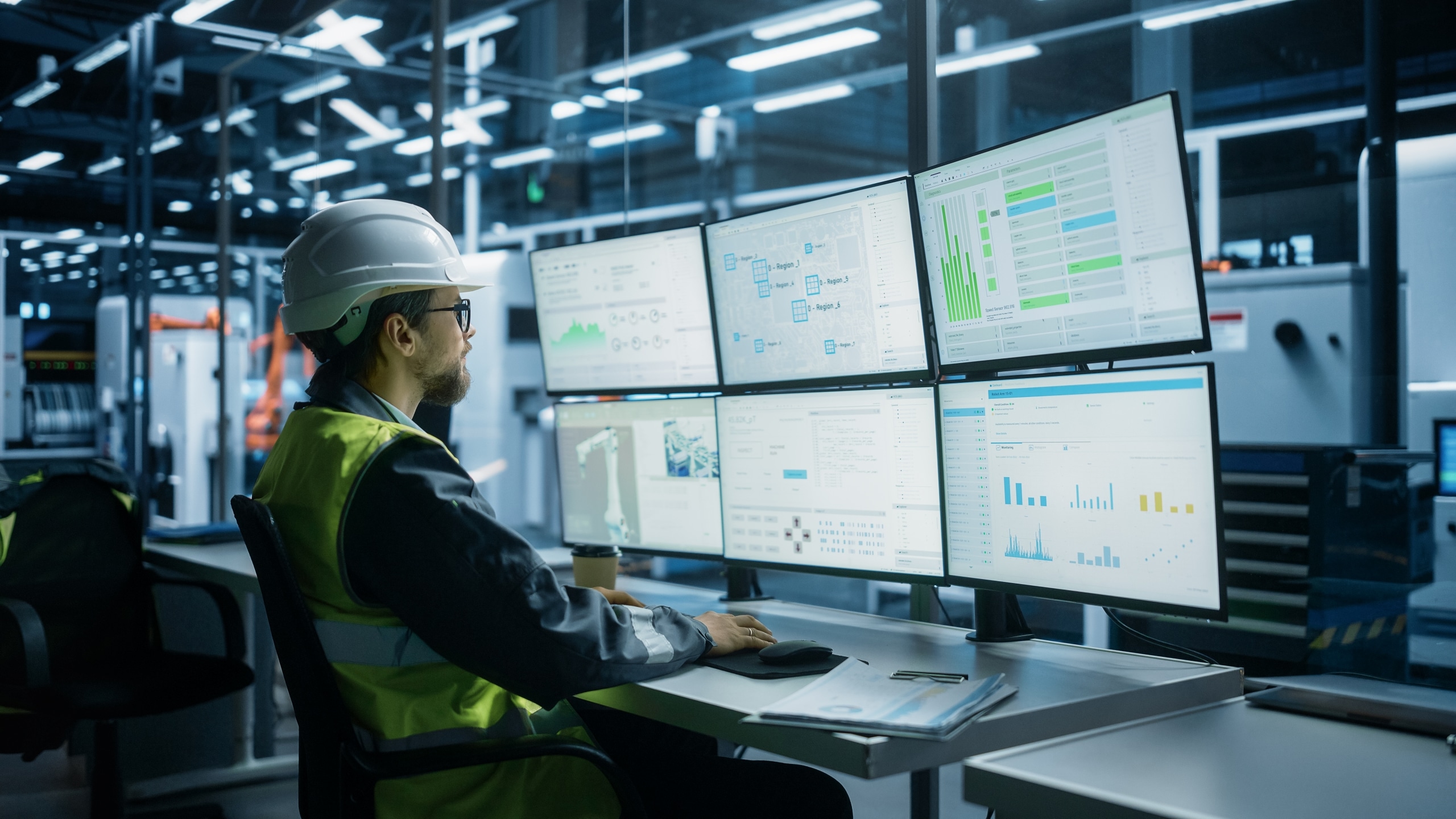 Industrie-Mitarbeiter misst die Produktionsdaten dank IoT im Kontrollraum aus 