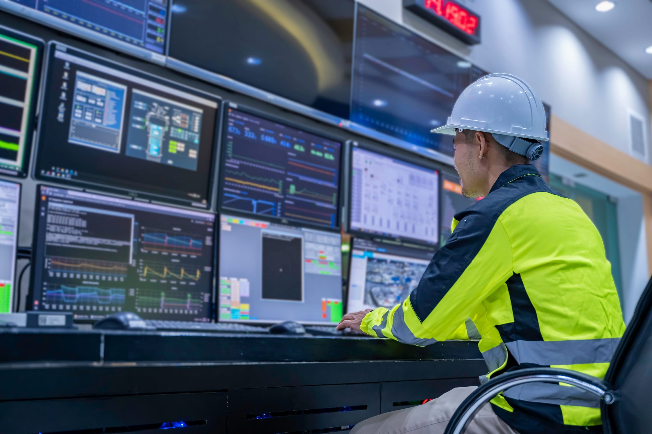 Techniker mit Schutzhelm überwacht Energiedaten und Echtzeit-Diagramme an mehreren Monitoren in einer Schaltzentrale.