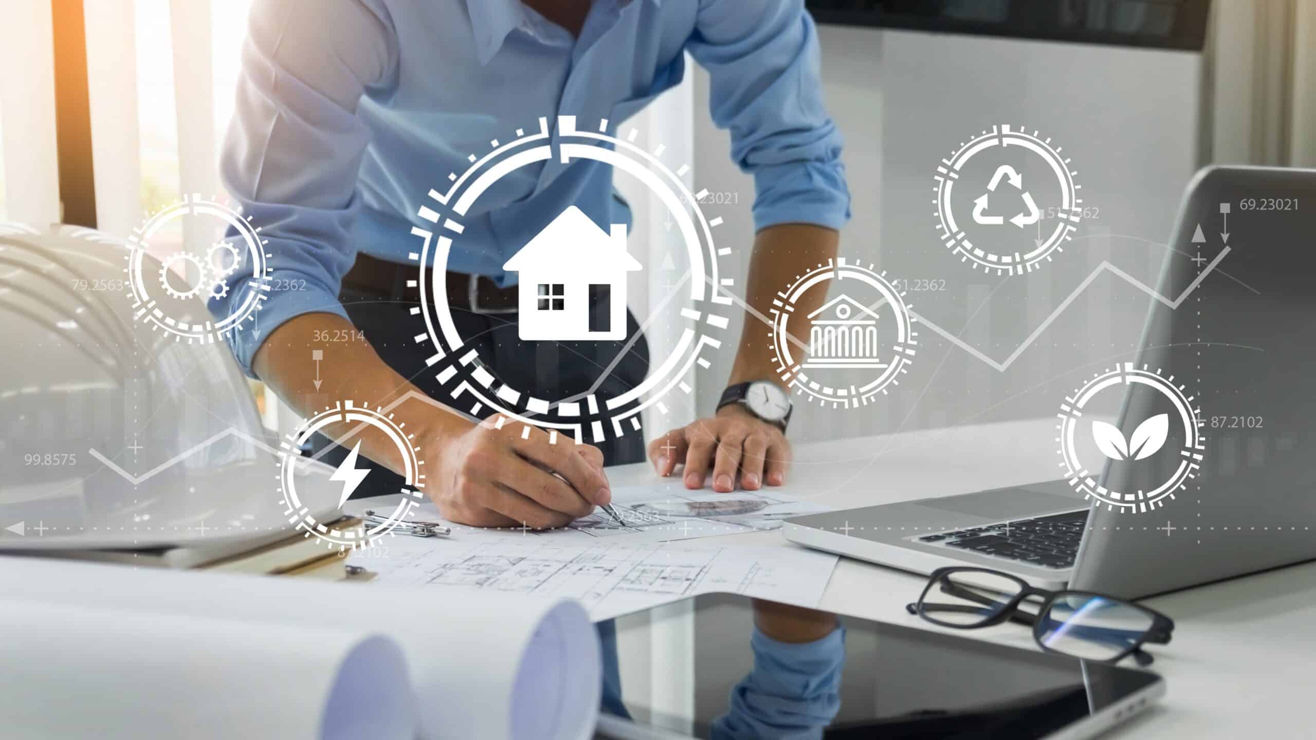 Professioneller Architekt plant ein futuristisches Hausprojekt mit innovativer Technologie für nachhaltige Entwicklung und umweltfreundliches Design
